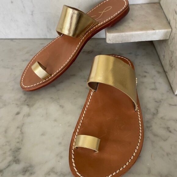 SAM EDELMAN Maxy Gold Slip On Toe Ring Leather Flat Slides Sandal 6 - Picture 11 of 15